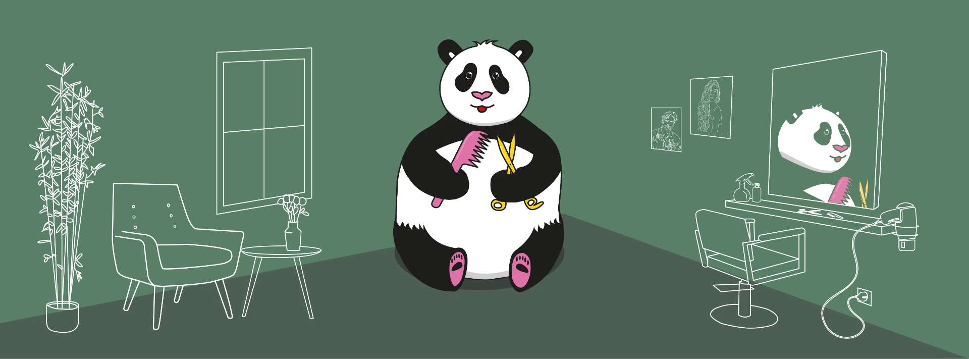 Illustratie: de lief geknipt panda met kam en schaar in een kapsalon